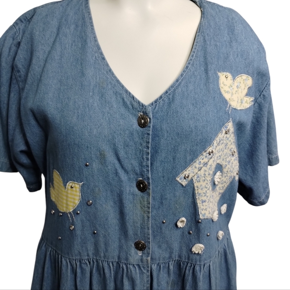 Vintage Miss & Mrs Womens Size XL Patchwork Jumper Bird Cottagecore Denim Dress - Picture 2 of 8